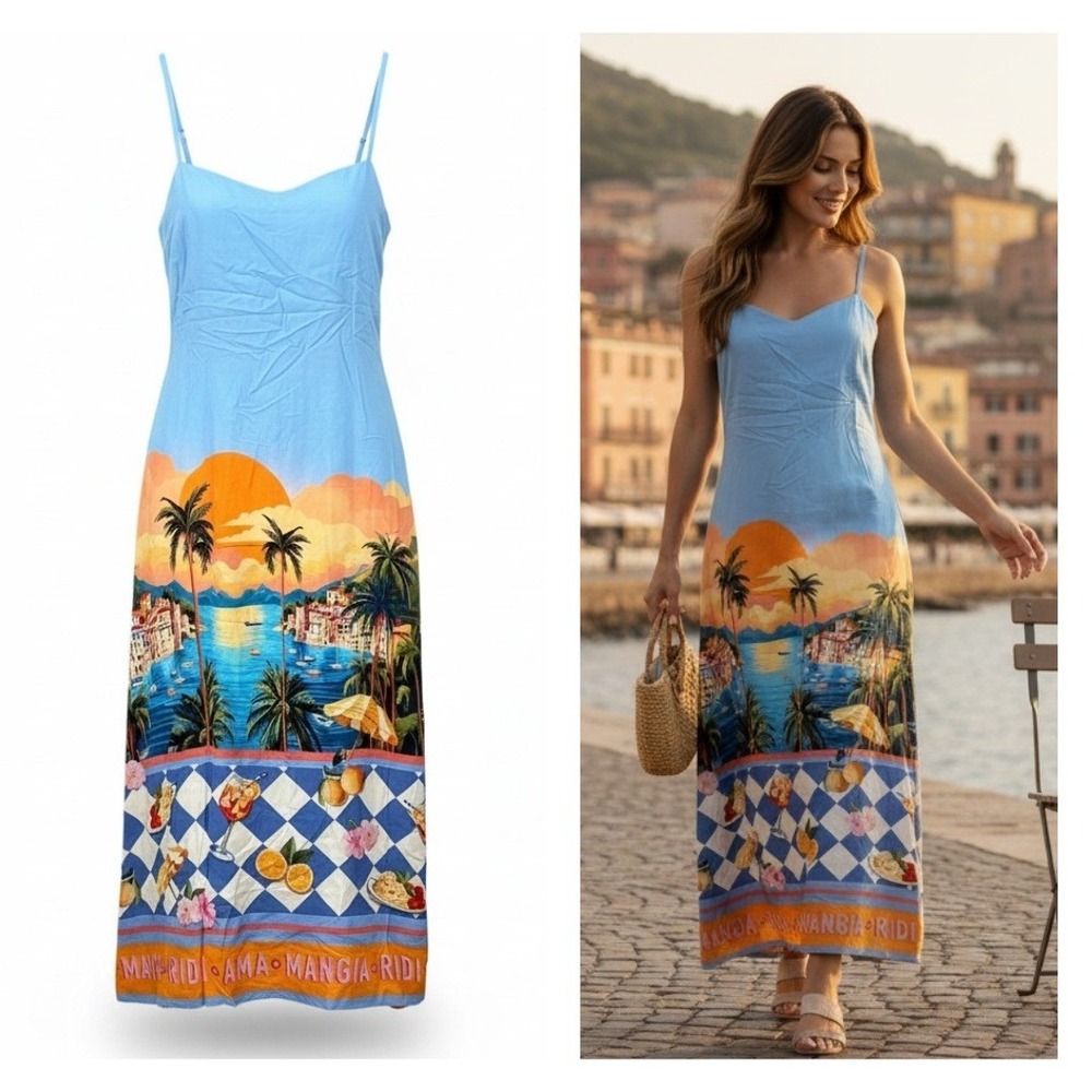 Paper Heart Coastal Maxi Sun Dress Size S Blue Italian Scene Tie Back Cutout NWT
